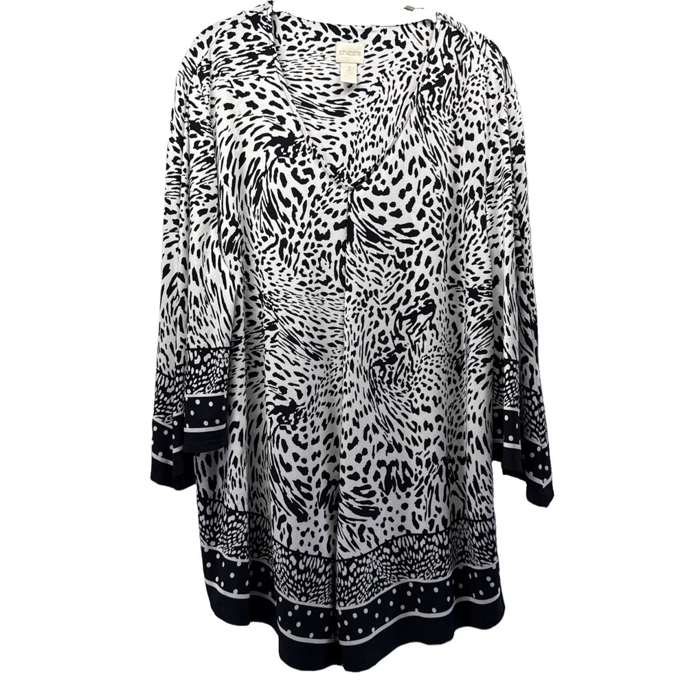 Chicos Women's Top Size XL Black White Mixed Prints Bell Sleeves Pullover V Neck